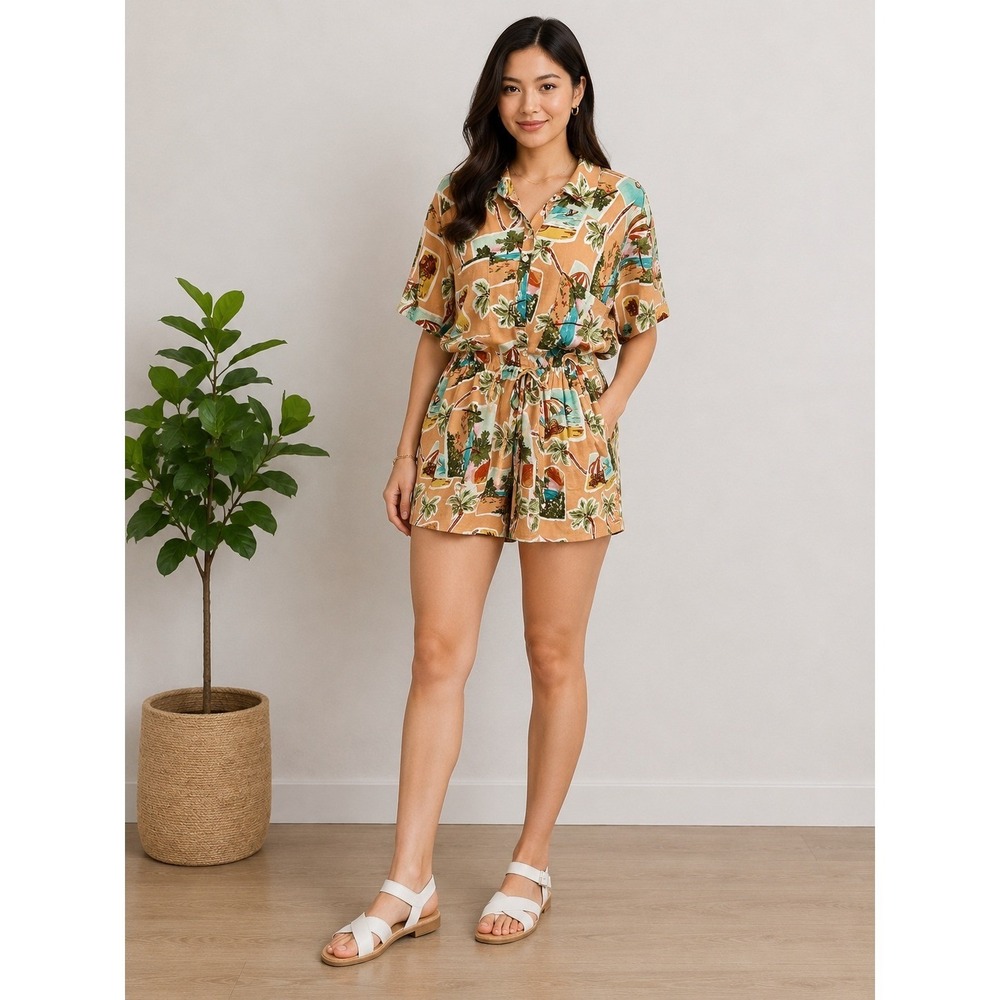 Label of Love Tropical Palm Tree Print Romper Playsuit Larg Resort Vacation Boho